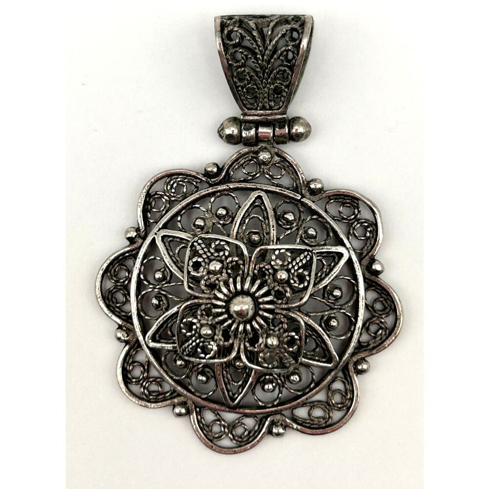 925 Sterling Silver Cannetille Filigree Pendant - Vintage Turkey